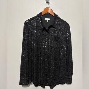 Crown & Ivy Elegant Women’s Black Sequin Shirt/Jacket Stretchy & Lined EUC